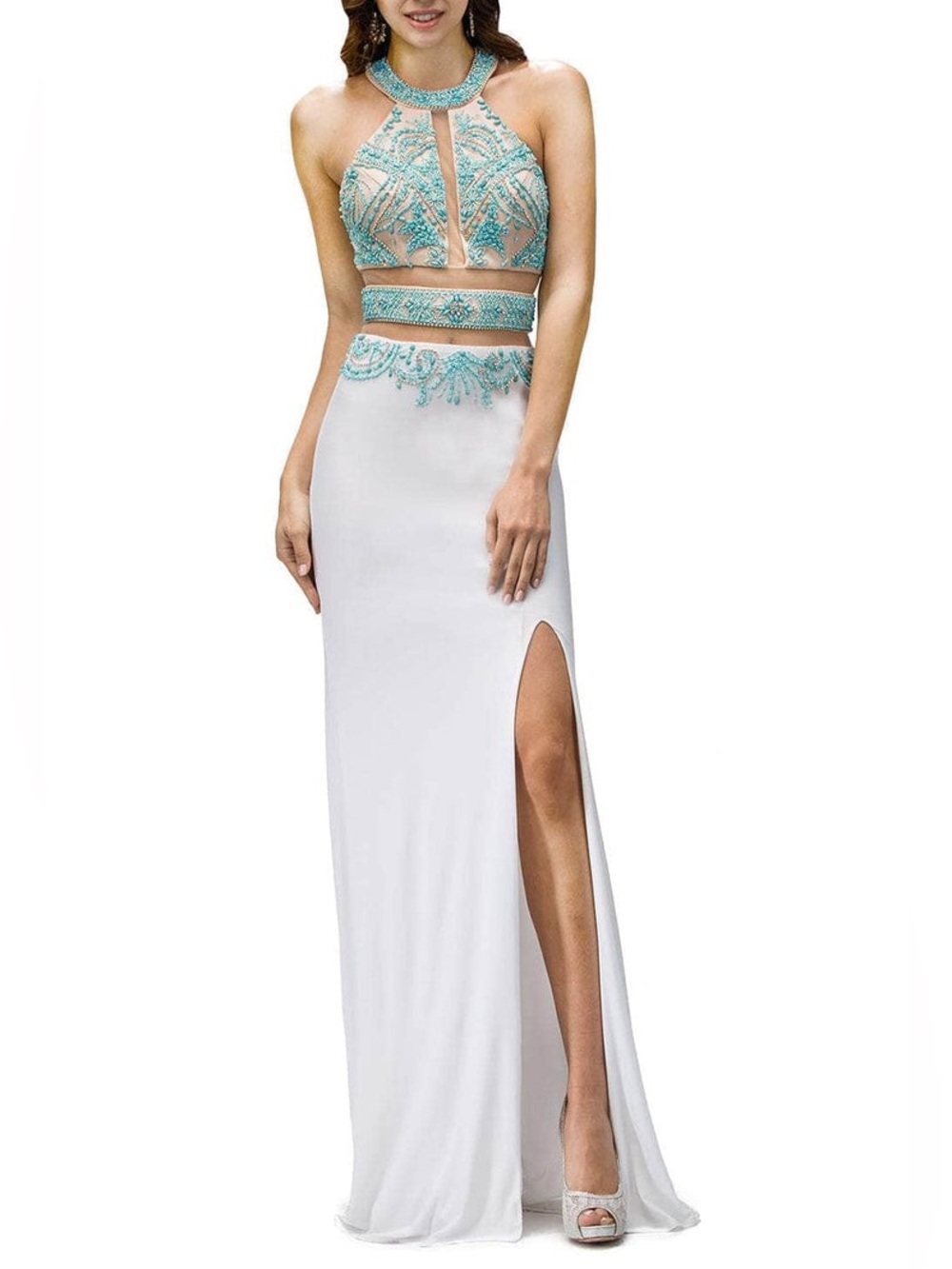 Dancing Queen 9188 - Embellished
Halter Long Dress - White Aqua